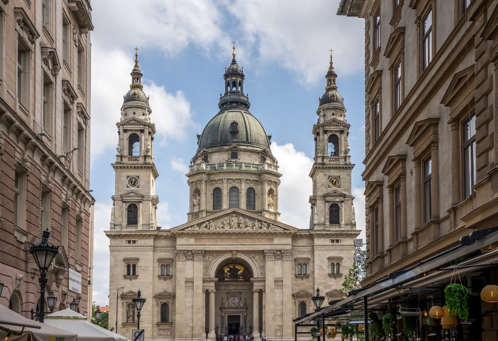 St. Stephen's Basilica facade in downtown Budapest, a popular tourist landmark near many thermal baths