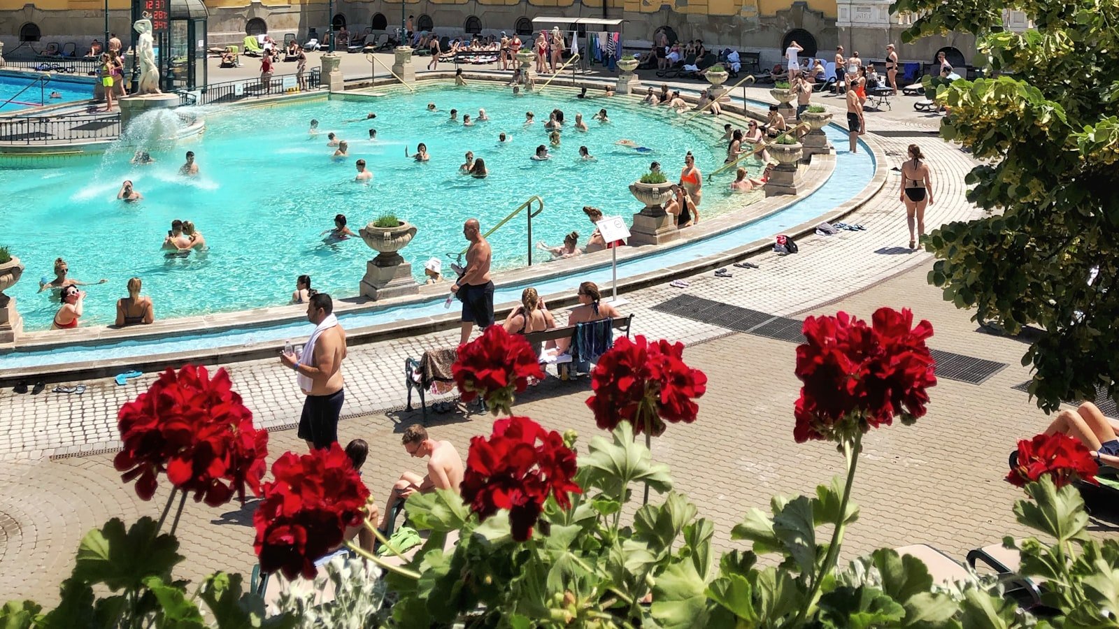 Bathers in the outdoor thermal pool at Széchenyi Baths in Budapest